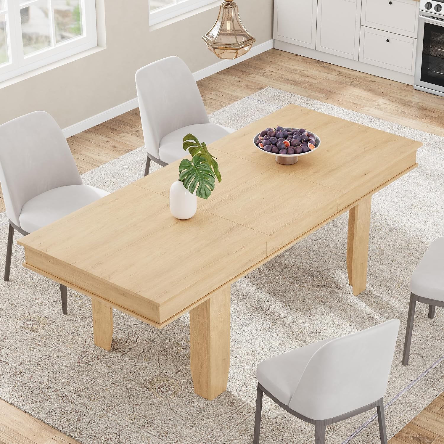 GarveeHome 63 in-86.6 in Extendable Dining Room Table for 6-10, Farmhouse Kitchen Tables w/Wooden Sturdy Frame, Large Rectangular Dinner Table for Dining Room, Kitchen