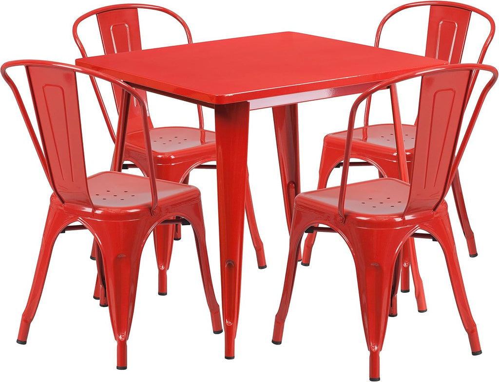 EMMA + OLIVER Commercial Grade 31.5' Square Red Metal Indoor-Outdoor Table Set-4 Stack Chairs