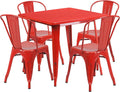 EMMA + OLIVER Commercial Grade 31.5' Square Red Metal Indoor-Outdoor Table Set-4 Stack Chairs
