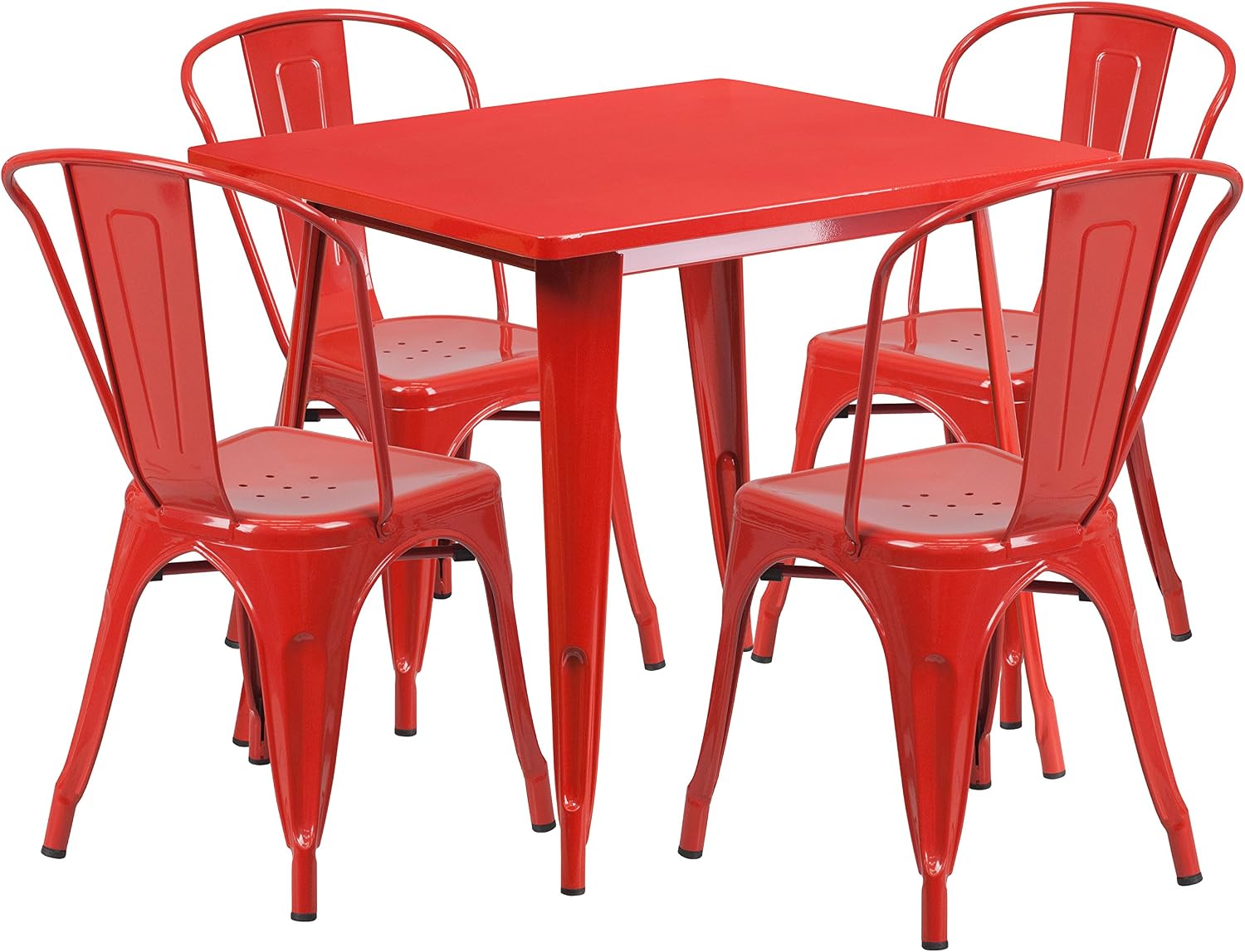 EMMA + OLIVER Commercial Grade 31.5' Square Red Metal Indoor-Outdoor Table Set-4 Stack Chairs