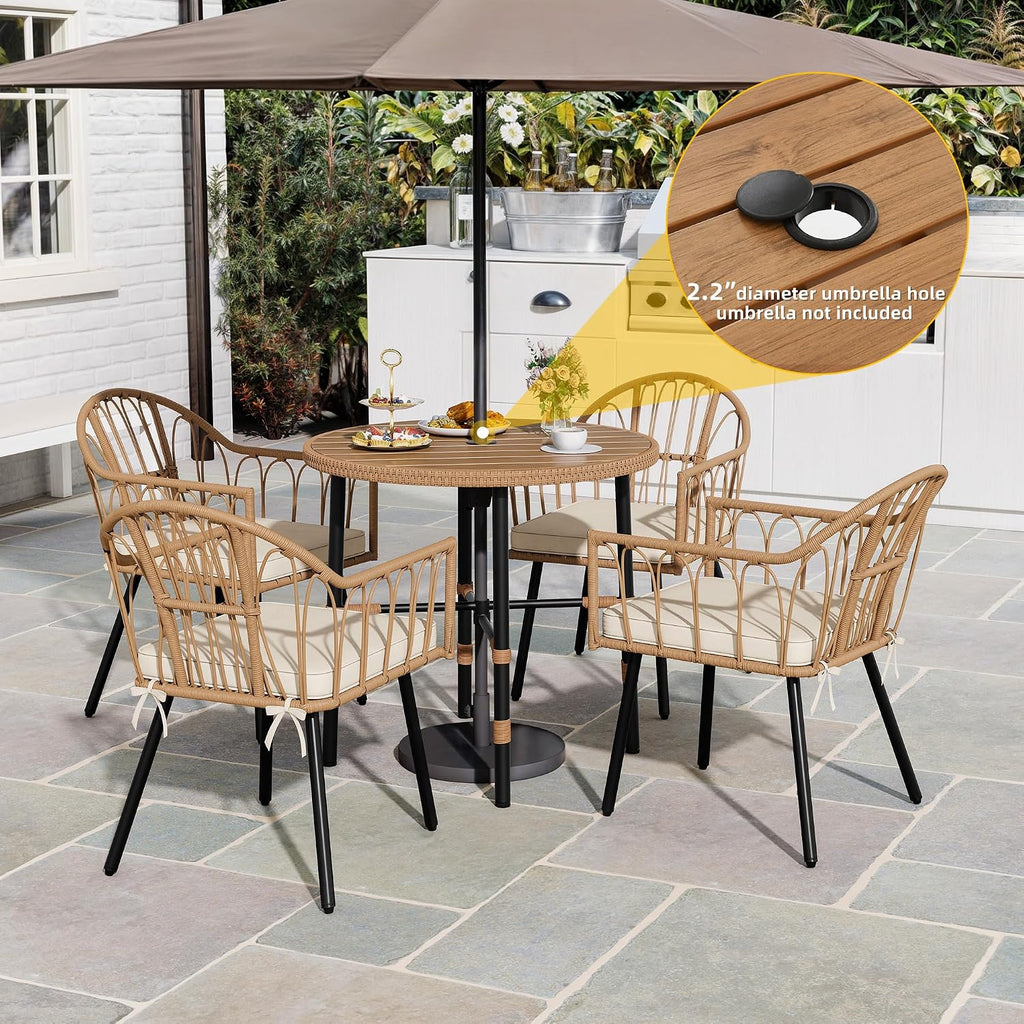 DWVO Outdoor Patio Dining Table Round for 4 35.4' Outdoor Tables with Umbrella Hole & Adjustable Levelers All-Weather Bistro Table with Metal Frame for Lawn Garden Backyard