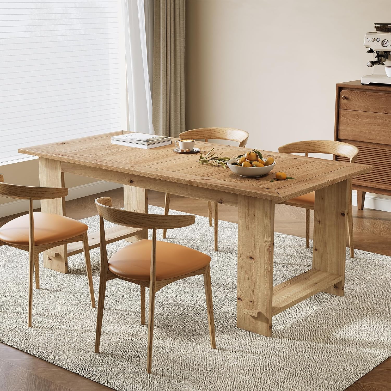 LITTLE TREE Solid Wood Dining Table for 4-6 People, 63 Inches Rectangle Kitchen Table with Heavy Duty Legs, Modern Wooden Furniture for Living Room, Dining Room, Wood Color