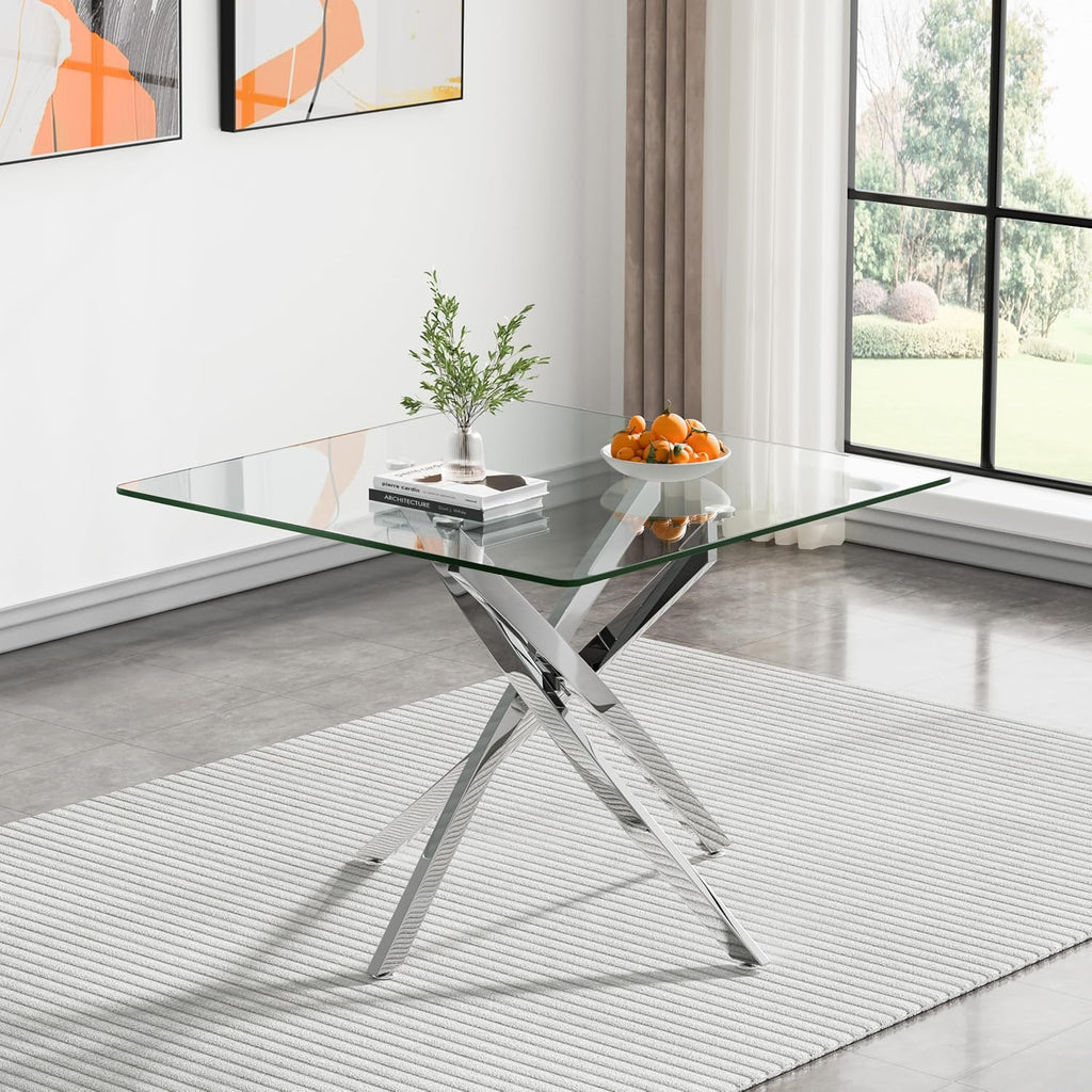 36' Square Dining Table for 4, Modern Clear Glass Kitchen Table for 4 with Silver X Metal Legs, Contemporary Small Glass Dining Room Leisure Tables for Kitchen Apartment