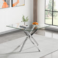 36' Square Dining Table for 4, Modern Clear Glass Kitchen Table for 4 with Silver X Metal Legs, Contemporary Small Glass Dining Room Leisure Tables for Kitchen Apartment