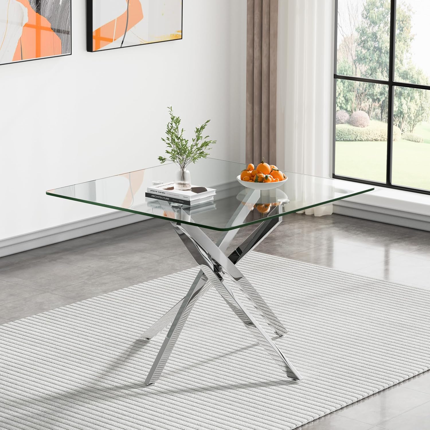 36' Square Dining Table for 4, Modern Clear Glass Kitchen Table for 4 with Silver X Metal Legs, Contemporary Small Glass Dining Room Leisure Tables for Kitchen Apartment