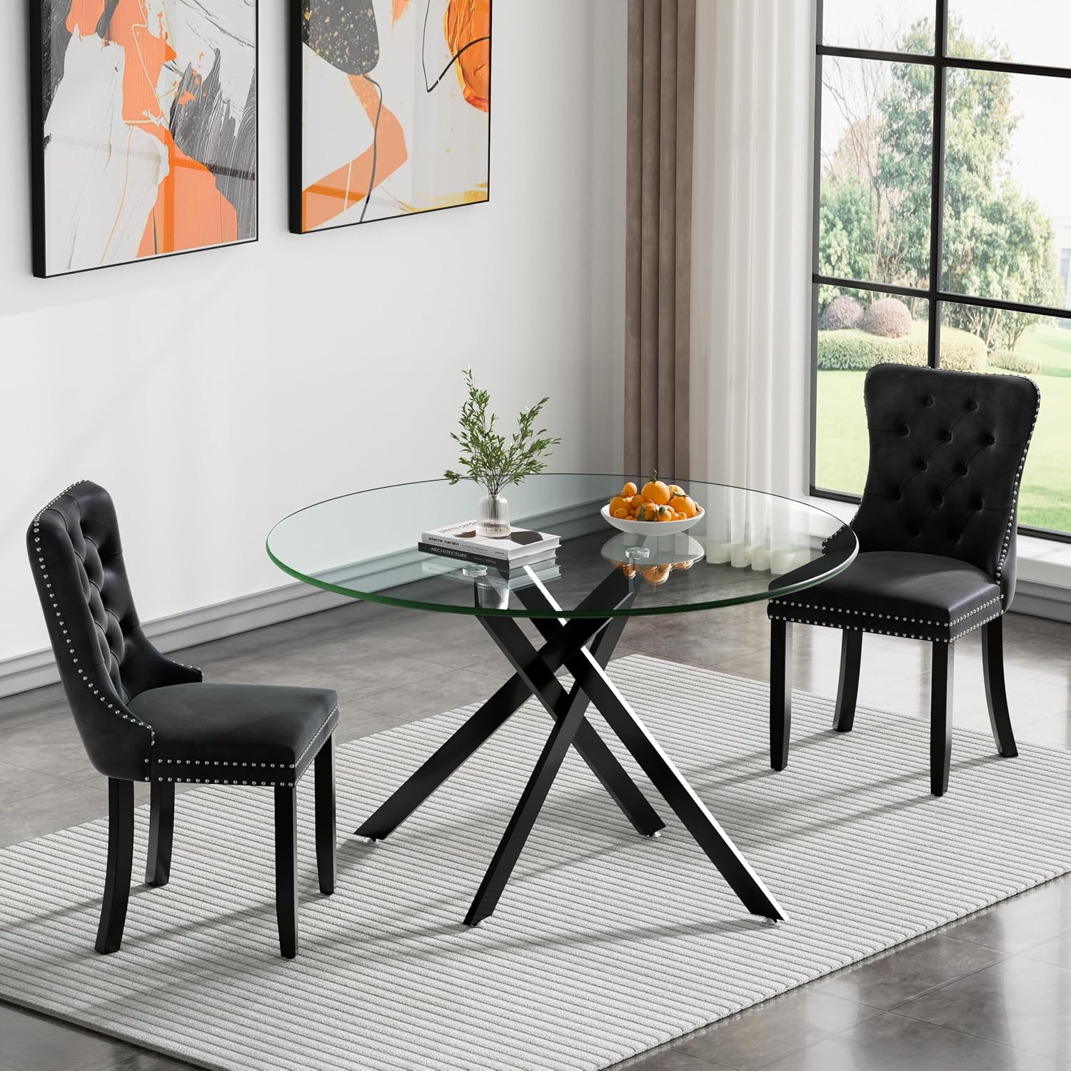 HomVent 3 Piece Round Glass Dining Table Set, Tempered Glass Dinner Table Set for 2 Kitchen Table Set with 2 Velvet Upholstered Chairs for Kitchen Dining Room