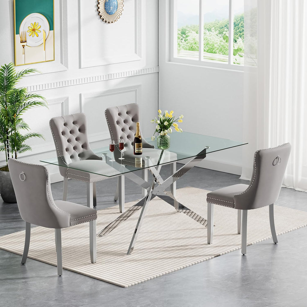 HomVent 5 Piece Rectangular Glass Dining Table Set, Tempered Glass Dinner Table Set for 4 Kitchen Table Set with 4 Velvet Upholstered Chairs for Kitchen Dining Room