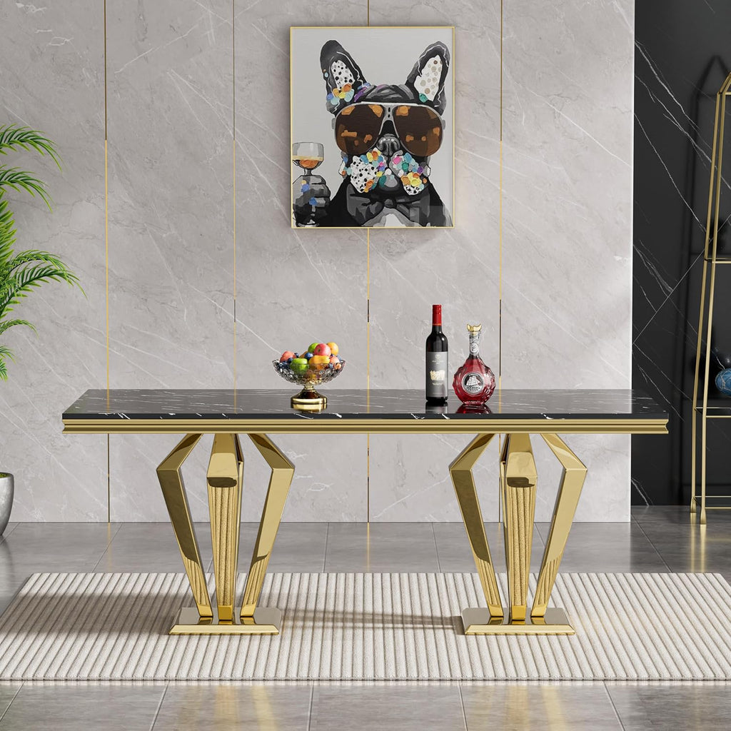 68' Luxury Rectangular Marble Dining Table for 4 to 6, Black Faux Marble Kitchen Table with Gold X Shape Stainless Steel Pedestal, Modern Kitchen Dining Room Table for Breakfast Dinette Dinner Party