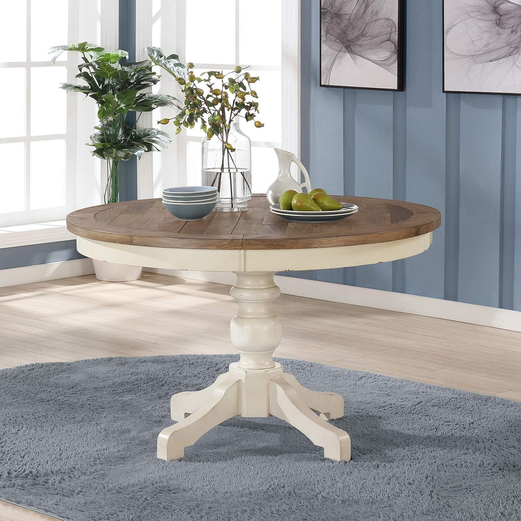 Prato Round Two-Tone Finish Wood Dining Table, Antique White and Distressed Oak