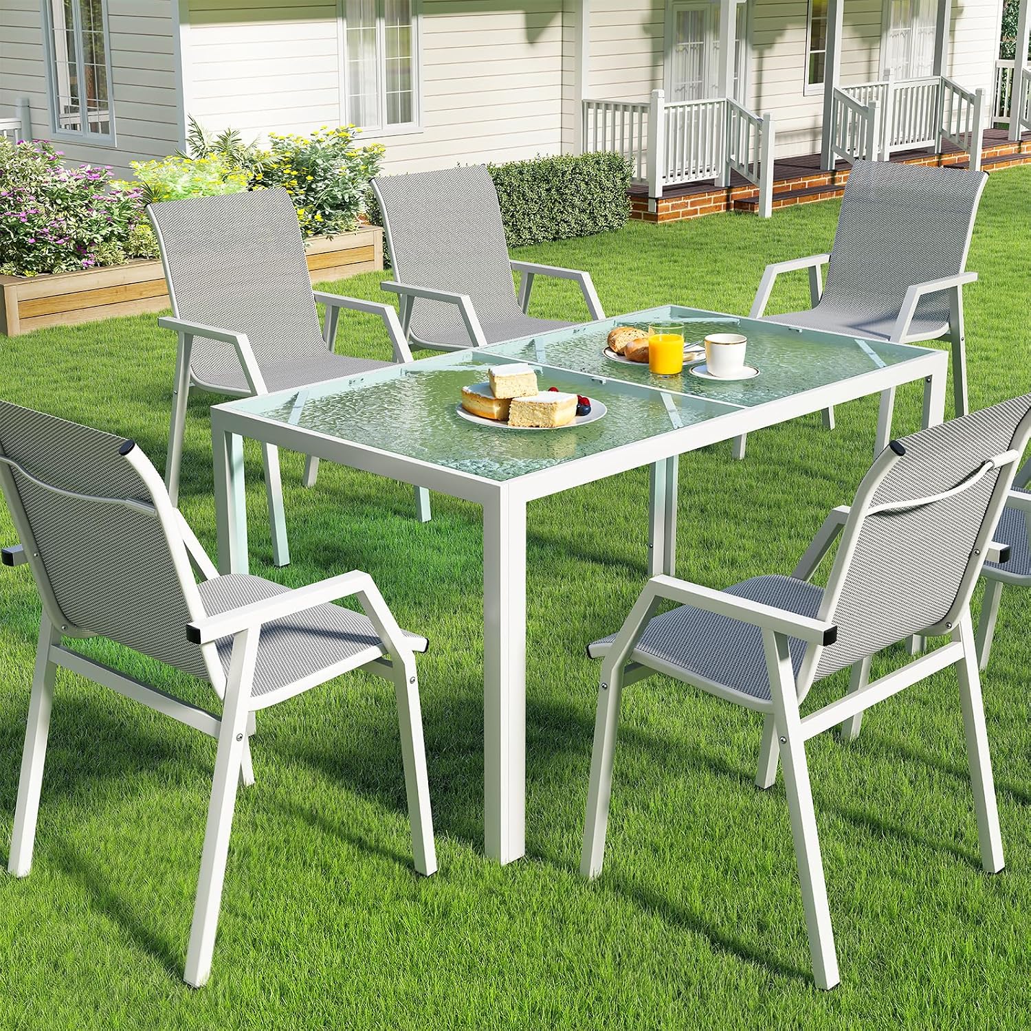 Jocoevol 7 Piece Patio Dining Sets for 6, Outdoor Table and Chairs Set with 59in Patio Dining Table and 6pcs Textilene Chairs, All Weather Furniture Set for Backyard Deck Garden