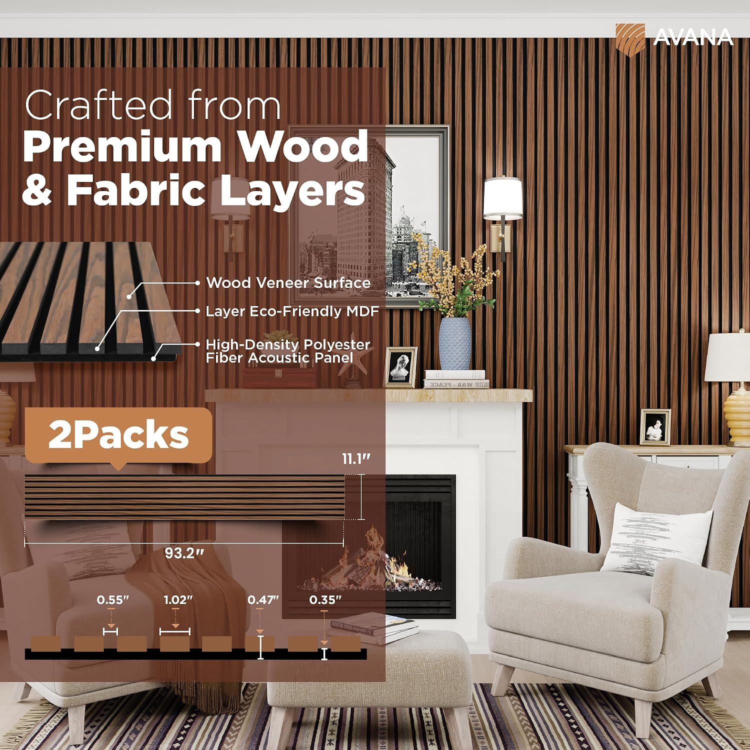 Avana Acoustic Wood Wall Panels – 93.2x11.25 Inch Panels – Fits 94x12 Layout – Rustic Walnut Acoustic Panels 4 PCs –Wall Panels For Interior Wall Decor For Homes, Offices – Durable Wood Panel For Wall