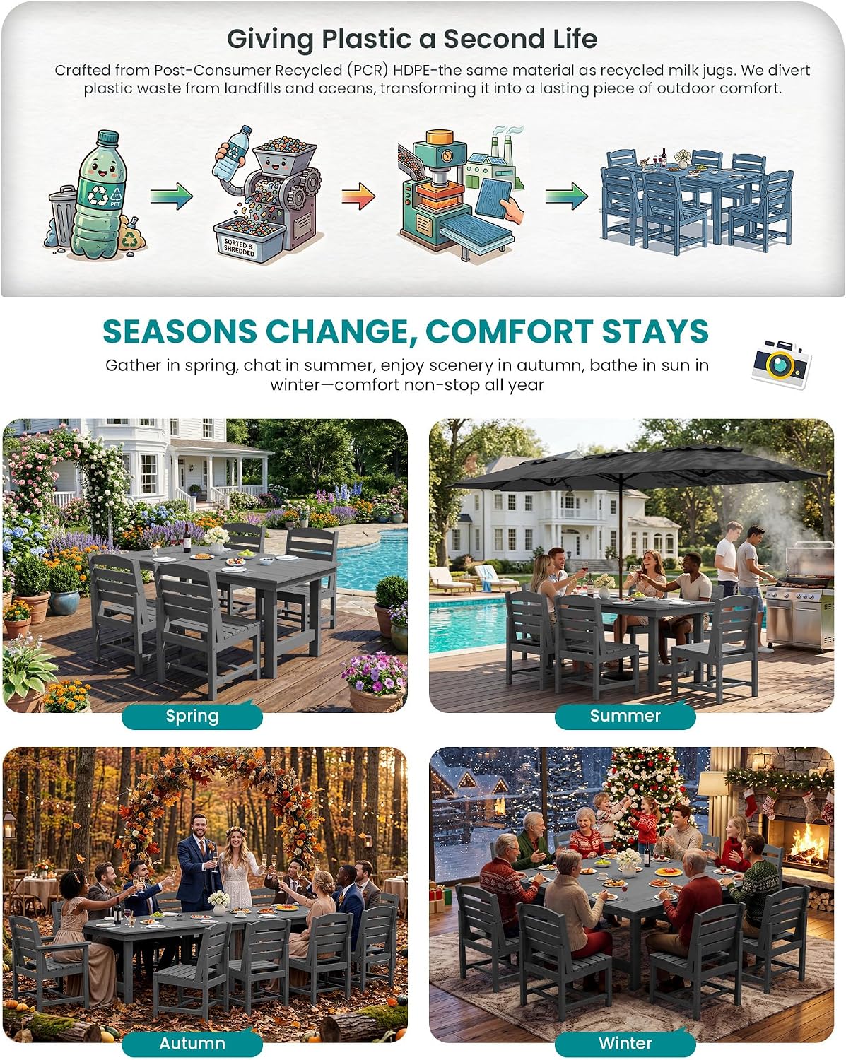 SERWALL Patio Dining Sets for 6 Person, HDPE Dining Set with 6 Armless Chairs, Gray