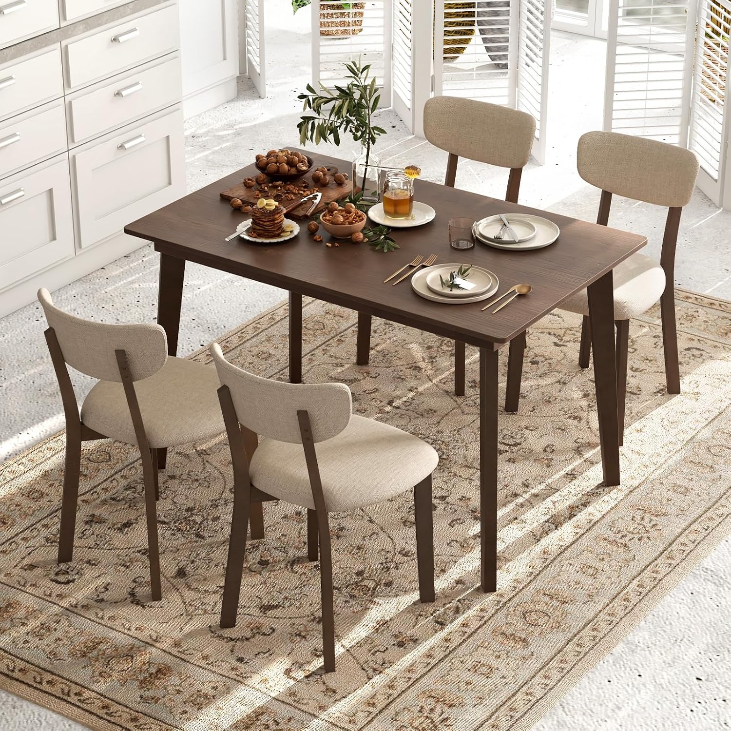 Tangkula Dining Table Set for 4, Dinette Set with Table and 4 Padded Seat, Rubber Wood Legs, Curved Backrest, Mid-Century Modern Kitchen Table Chairs Set of 4 for Living Room, Dining Room