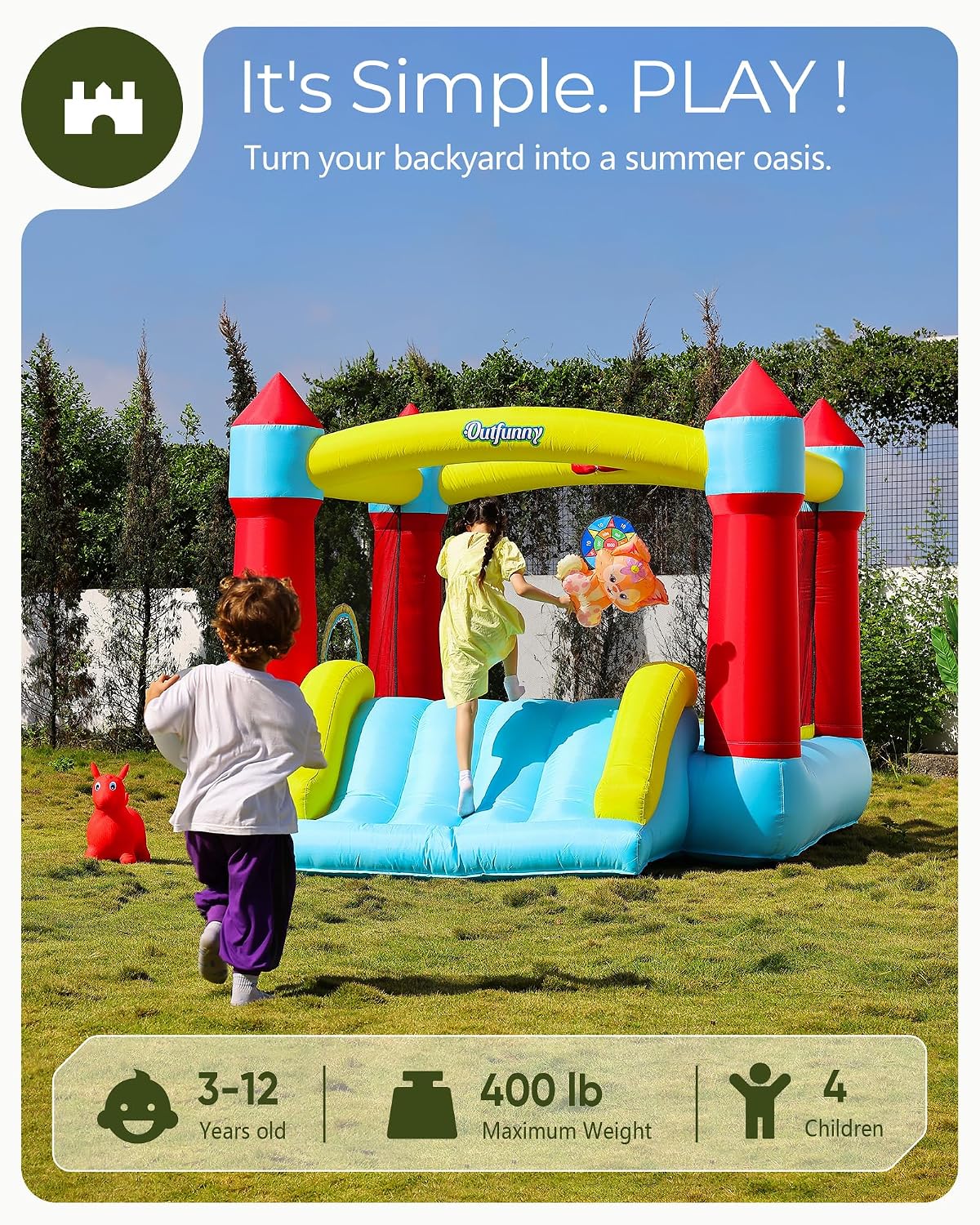 Outfunny Bounce House with Slide, Inflatable Bouncy House for Kids 3-12, Outdoor&Indoor, Bounce Area 8'x8', Capacity 400 lb - Blue