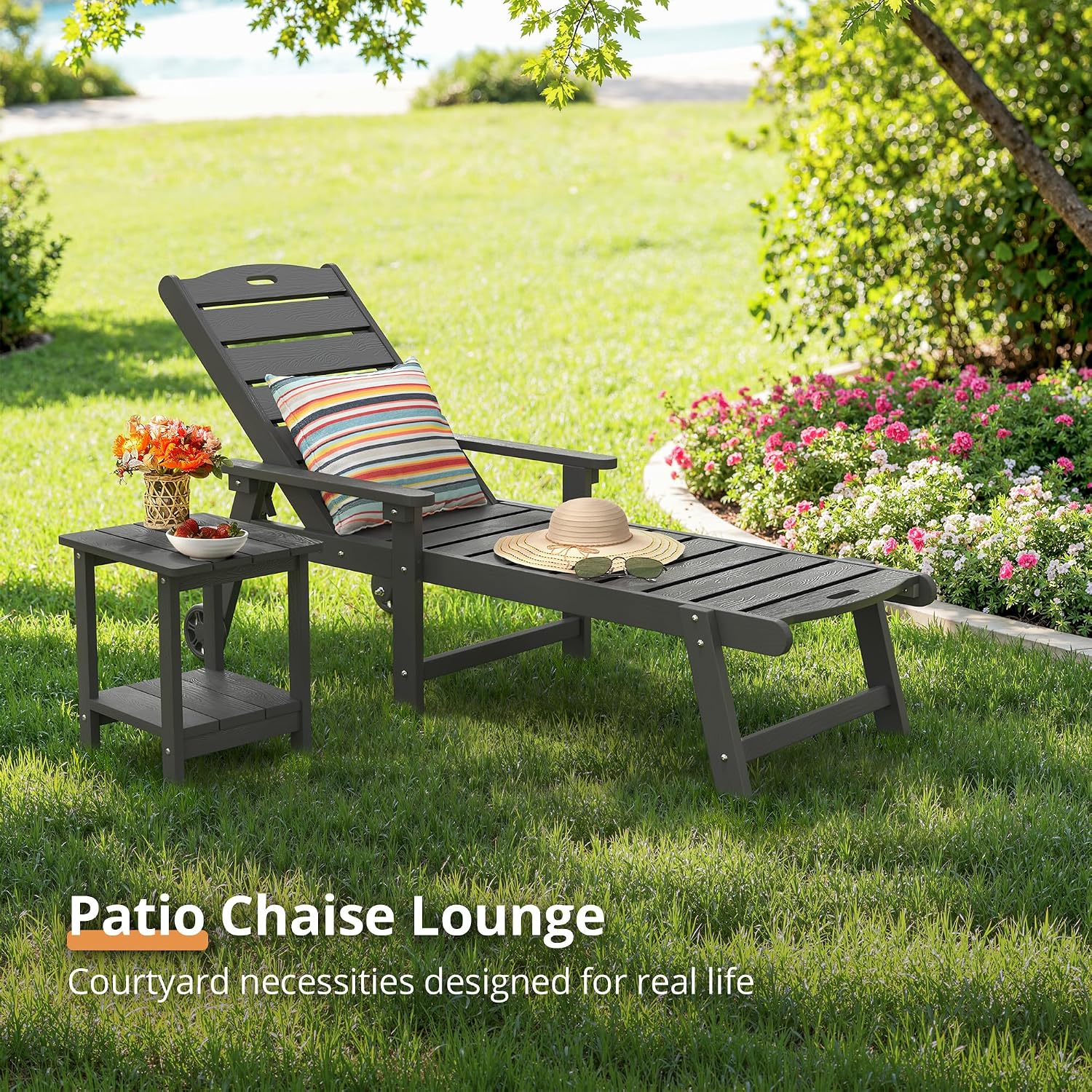 LUE BONA Chaise Lounge Chair with Table, 3-Piece, HDPS Chaise Lounger, 5 Positions Adjustable Lounge Chairs, Pool Lounge Chair with Wheels for Poolside, Backyard, Dark Gray