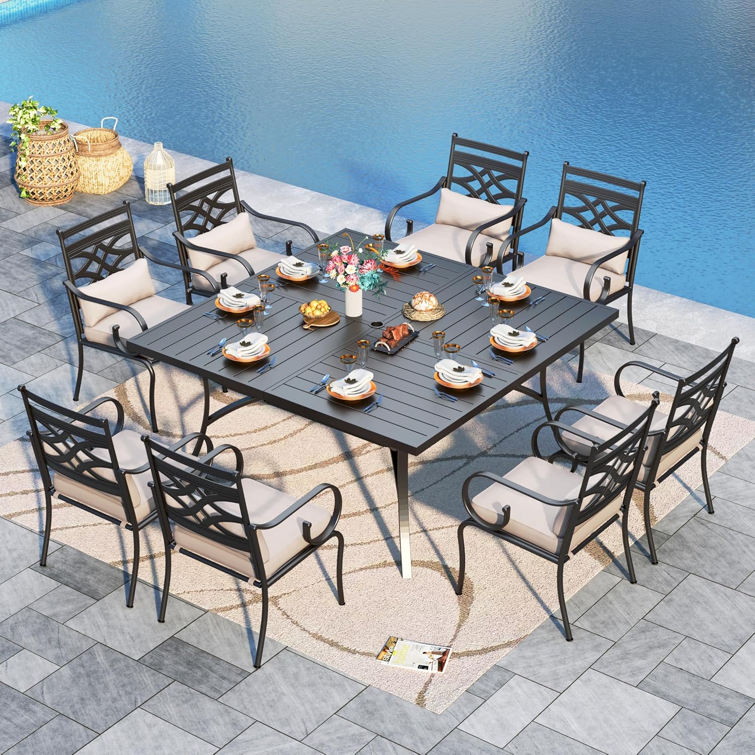 Sophia and William Outdoor Patio Dining Set for 8, Outdoor Table and Chairs, Removable Seat Cushions, 57.5' Square Black Patio Dining Table