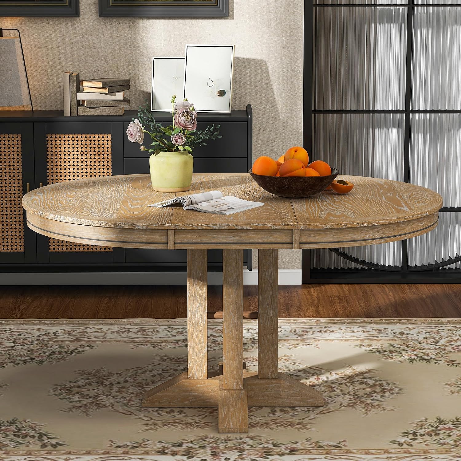 LUMISOL LUMISO Extendable Round Dining Table for 4-8, Solid Wood Expandable Oval Kitchen Table with Removable Leaf, 42'-58'' Dinner Table for Kitchen, Dining Table, Small Space, Natural