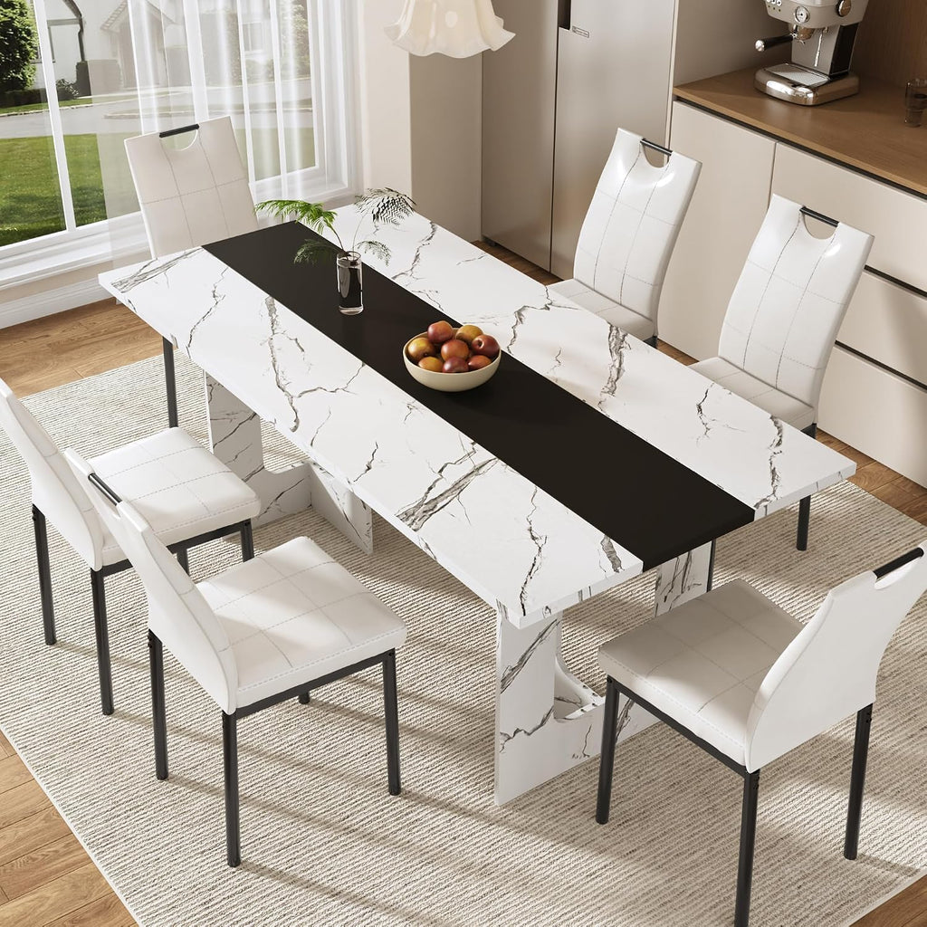 St.Mandyu 7 Pieces Dining Table & Chairs Set for 4-8 People, 71 Inch Kitchen Table with 6 Chairs, Rectangle Dining Table with Wooden Legs for Dining Room, Living Room, White