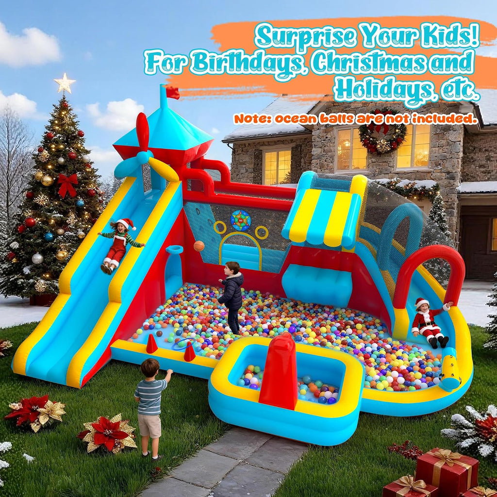 Water Bounce House for Big Kids 8-12, Double Water Slide Bounce House with 750W Blower, Toy Stand, Climbing Wall, Jumping, Water Gun, Splash Pool, Basketball Hoop for Indoor Outdoor Backyard
