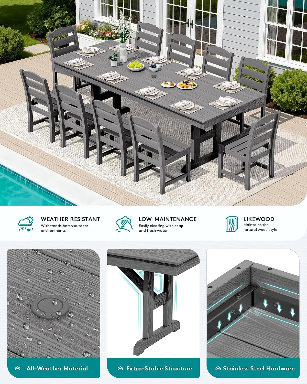 SERWALL Outdoor Dining Table, 84' Rectangular Dining Table for 6-10 Person, All Weather HDPE Outdoor Furniture for Backyard, Garden, Gray