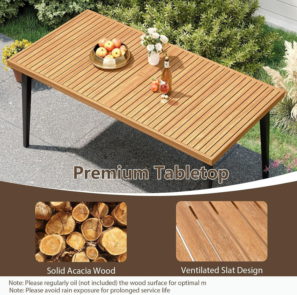 HAPPYGRILL Acacia Wood Outdoor Dining Table 63', 4-6 Person Rectangular Patio Table with Umbrella Hole and Solid Metal Frame, for Garden, Poolside, Backyard and Deck