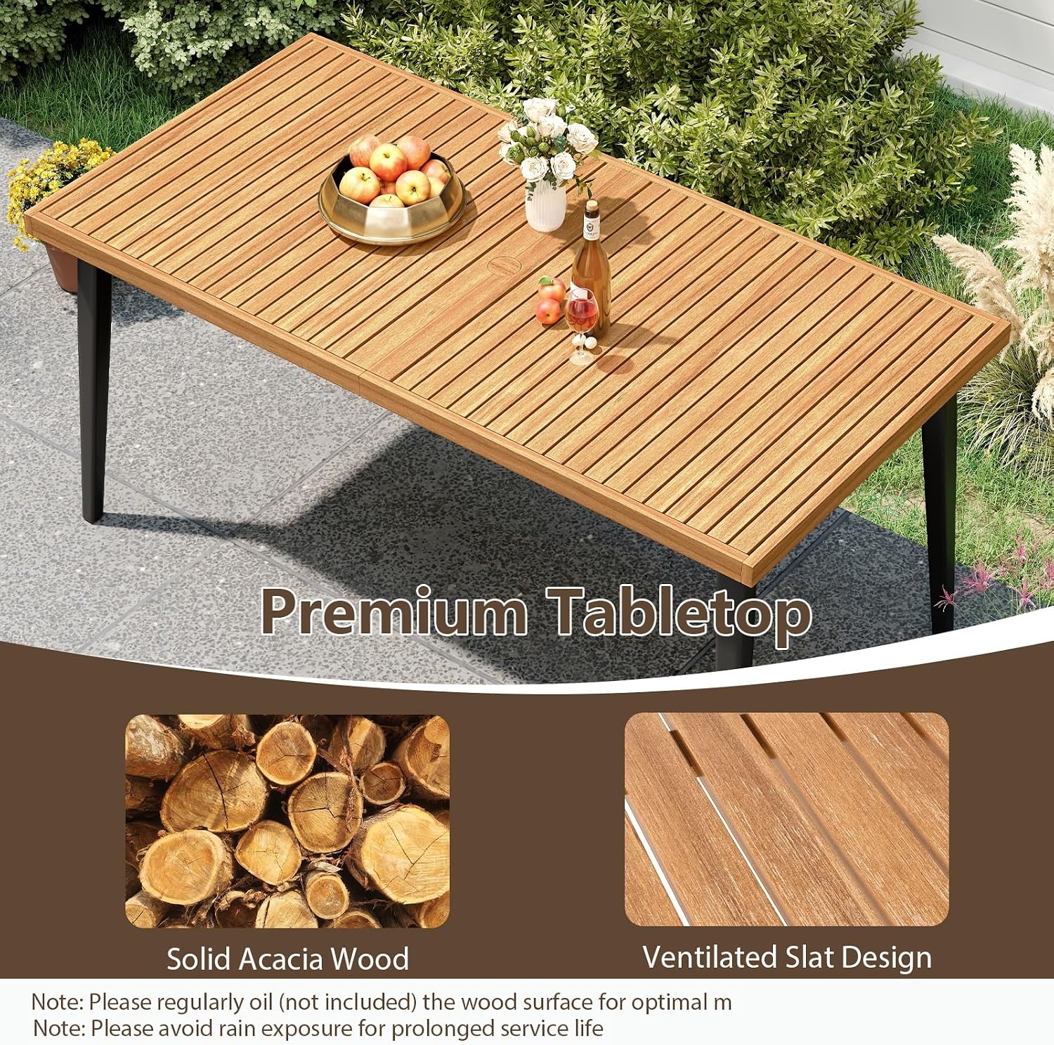 HAPPYGRILL Acacia Wood Outdoor Dining Table 63', 4-6 Person Rectangular Patio Table with Umbrella Hole and Solid Metal Frame, for Garden, Poolside, Backyard and Deck