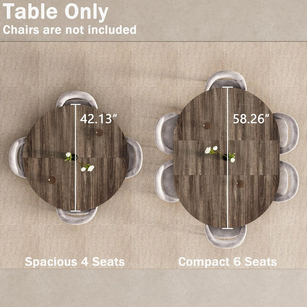 42'-58' Extendable Round Dining Table for 4-6, Kitchen Oval Table with Hidden Leaves & Storage Shelf, Space Saving Modern Design with Sturdy Metal Legs for Kitchen, Dining Room & Small Apartments