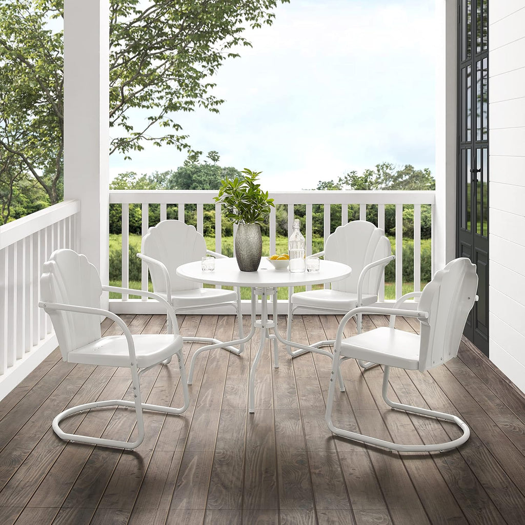 Crosley Furniture Tulip 5-Piece Outdoor Dining Set for 4, Retro Metal Round Patio Table and Chairs for Deck, White Satin