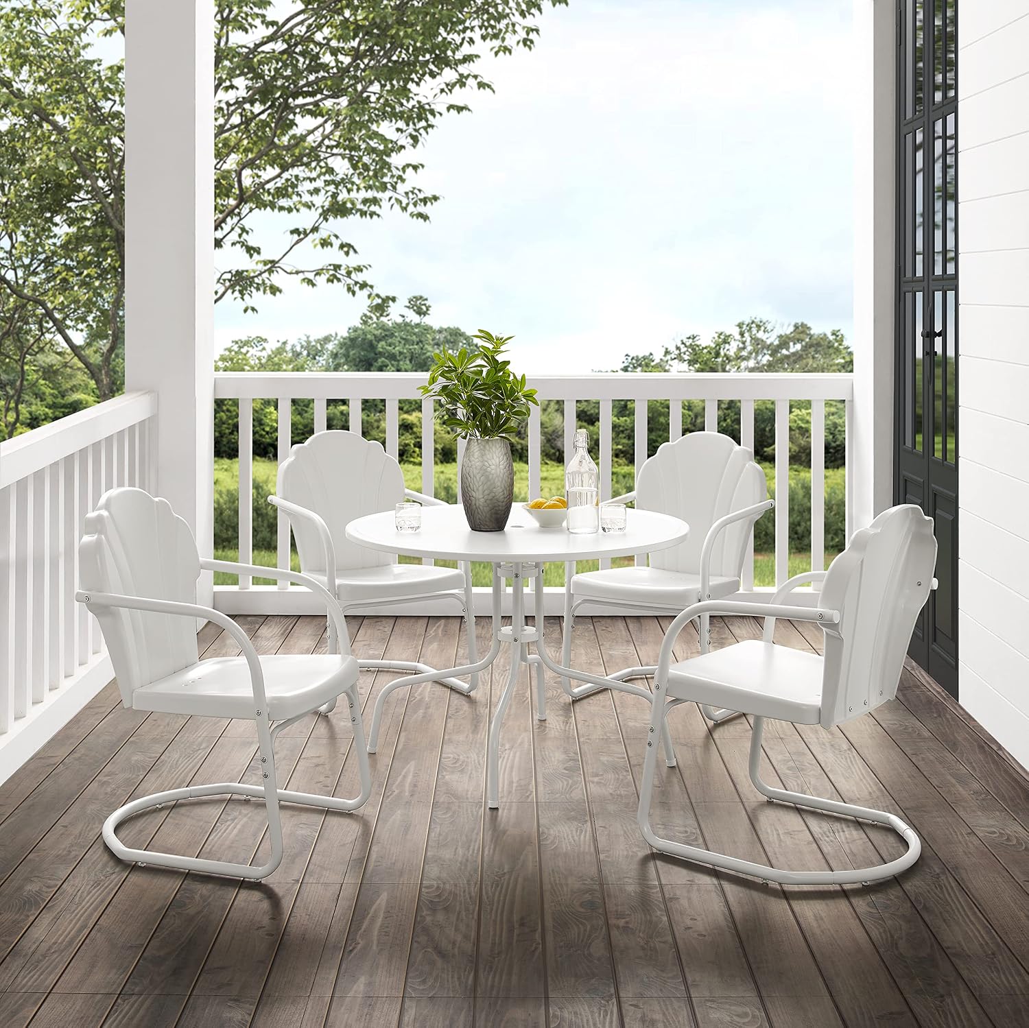 Crosley Furniture Tulip 5-Piece Outdoor Dining Set for 4, Retro Metal Round Patio Table and Chairs for Deck, White Satin