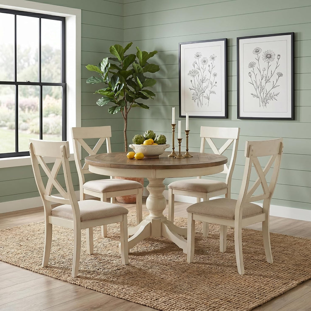 Prato Round Two-Tone Finish Wood Dining Table, Antique White and Distressed Oak