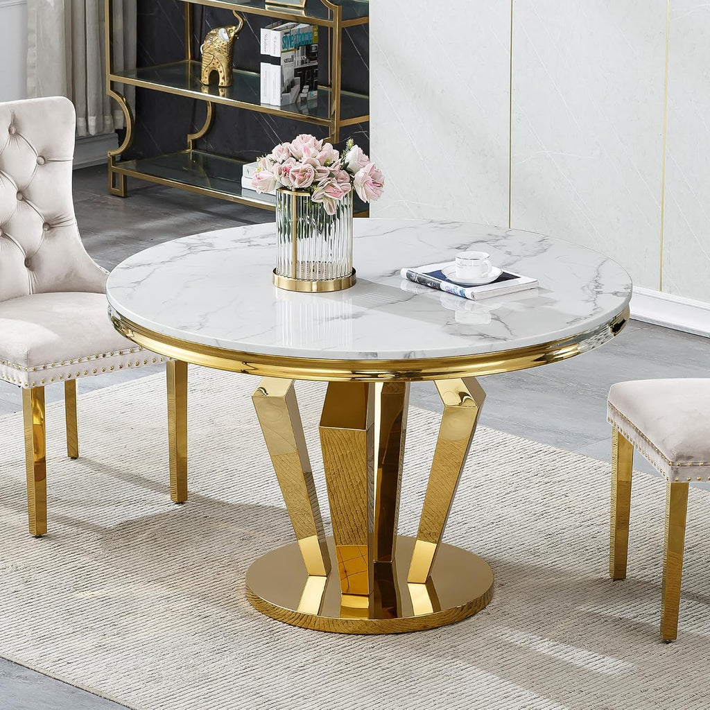 45 in Round Marble Dining Table for 4 to 6, Modern Circular White Faux Marble Kitchen Table with Gold Diamond Stainless Steel Base, Round Kitchen Dining Room Table for Breakfast Dinette Dinner Party