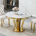 45 in Round Marble Dining Table for 4 to 6, Modern Circular White Faux Marble Kitchen Table with Gold Diamond Stainless Steel Base, Round Kitchen Dining Room Table for Breakfast Dinette Dinner Party