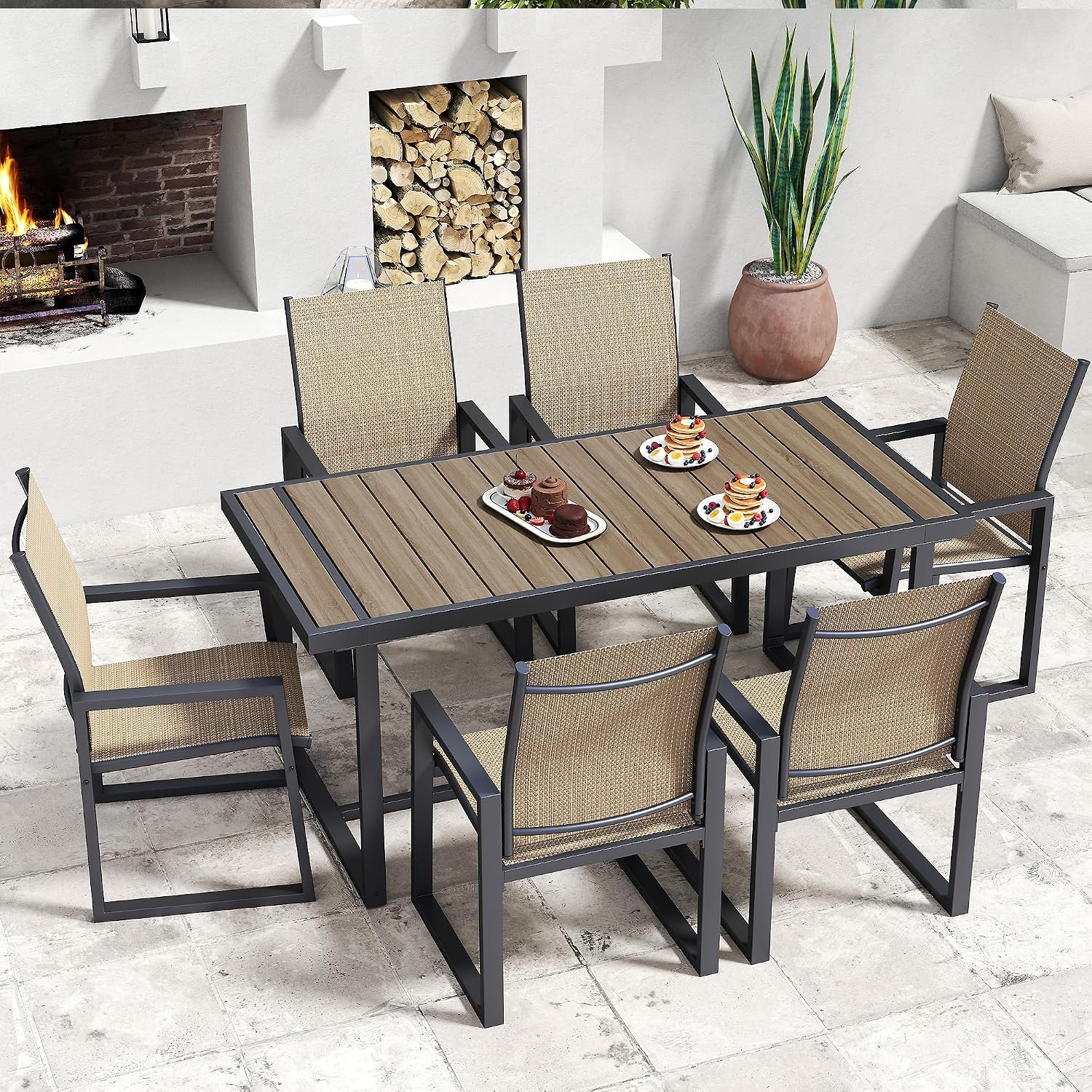 Jocoevol 7 Piece Patio Dining Set for 6, Outdoor Furniture Set Includes 67' Rectangle Patio Table and 6 Textilene Dining Chairs, Outdoor Table and Chairs for Outsides, Backyard, Garden and Poolside