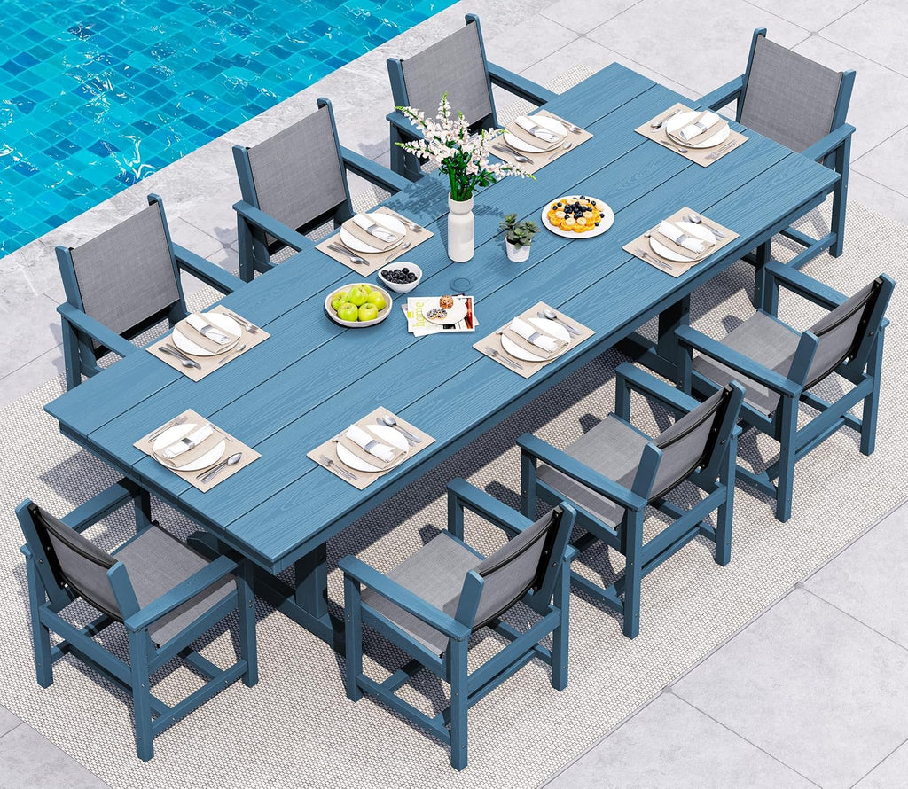 SERWALL 9 Piece Outdoor Dining Set, 84' HDPE Outdoor Large Table and Textilene Sling Chairs for 8，All Weather Patio Dining Furniture Set with Umbrella Hole for Backyard, Garden, Blue