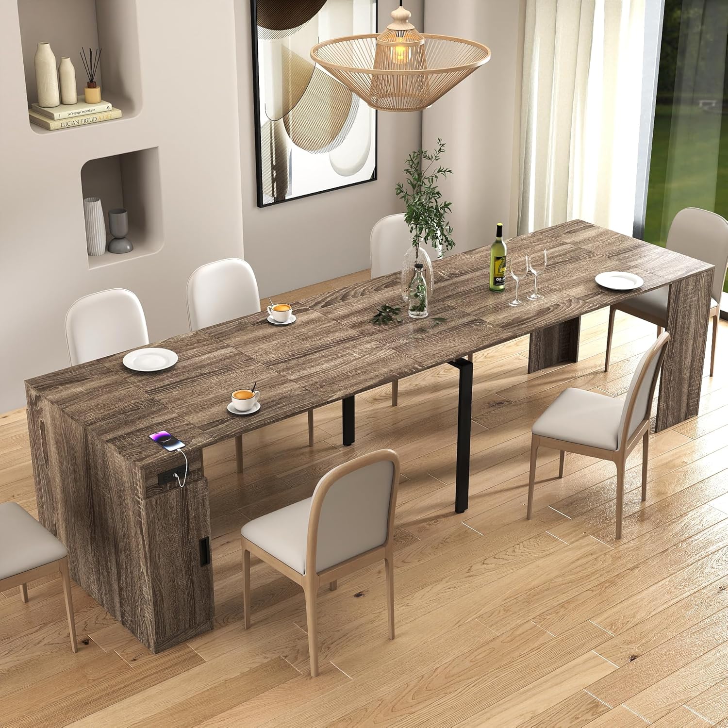 Extendable Dining Table, Transformer Console with Storage & Power Outlets, Space Saving Folding Table for 10-12 People, Modern Dining Furniture, Grey