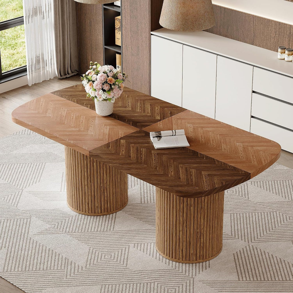 78.7' Extra Long Dining Table for 6-10 People, Farmhouse Kitchen Table with Cylindrical Fluted Bases, Modern Rectangular Dining Table for Dining Room, Kitchen, Living Room