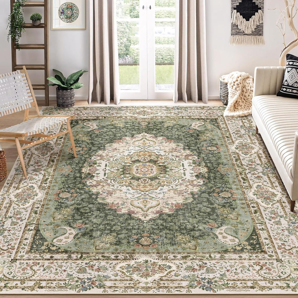 8x10 Area Rugs Washable,Green Rug for Living Room Bedroom Dining Room,Large Boho Vintage Bohemian Distressed Carpet Non Slip,Floral