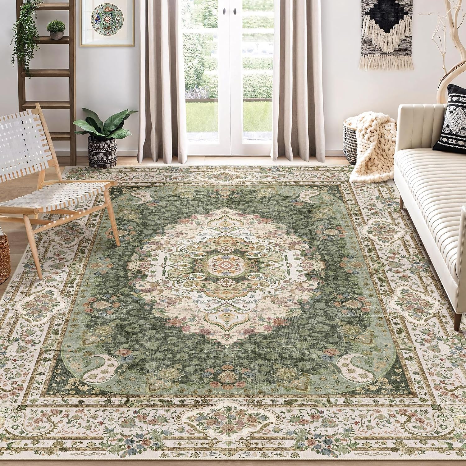 8x10 Area Rugs Washable,Green Rug for Living Room Bedroom Dining Room,Large Boho Vintage Bohemian Distressed Carpet Non Slip,Floral