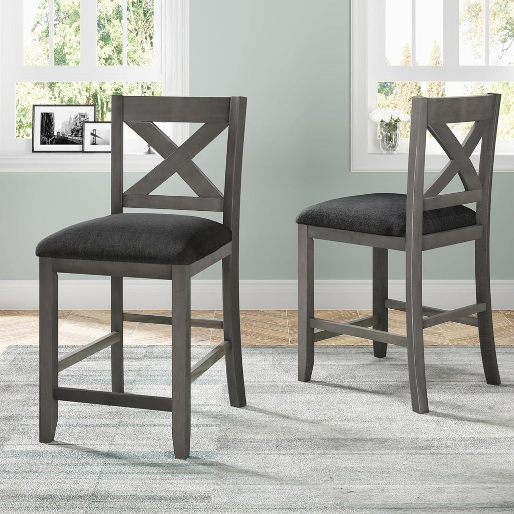 5 Pieces Counter Height Wooden Bar Table Set with 3-Tier Shelf and 4 Chairs, Rustic Farmhouse Dining Table Set for 4, Gray