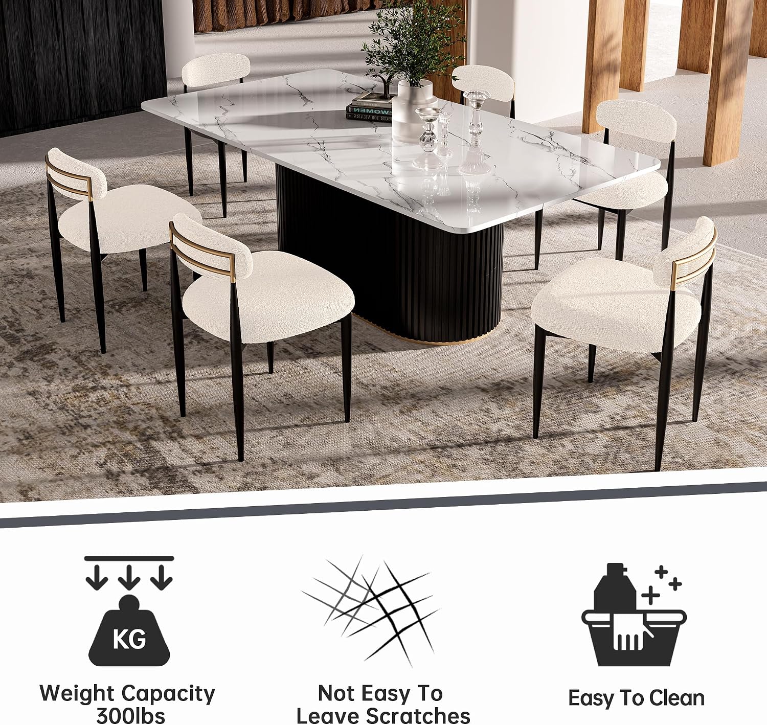 Morden Fort Marble Dining Table Set for 6, 70' Kitchen Table with White Rectangle Top and Black Fluted Base, 6 Modern Upholstered Chairs for Dining Room, Restaurant and Reception