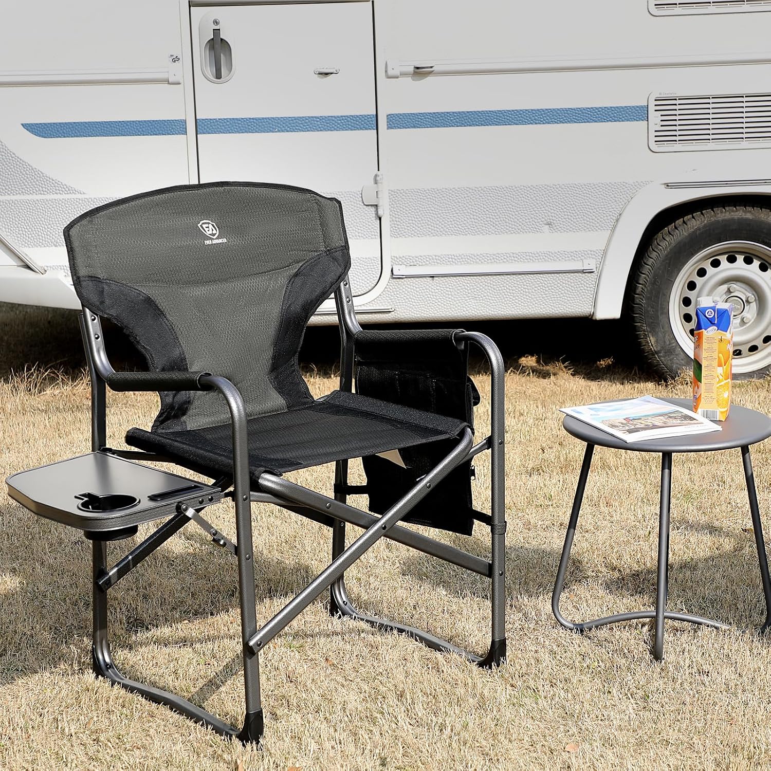 EVER ADVANCED Aluminum Lightweight Folding Director Chair, 350lbs Heavy Duty Camping Chair with Side Table & Storage, 19' Joint-Friendly Height Easy to Stand, Portable Makeup Artist & Vendor Chair