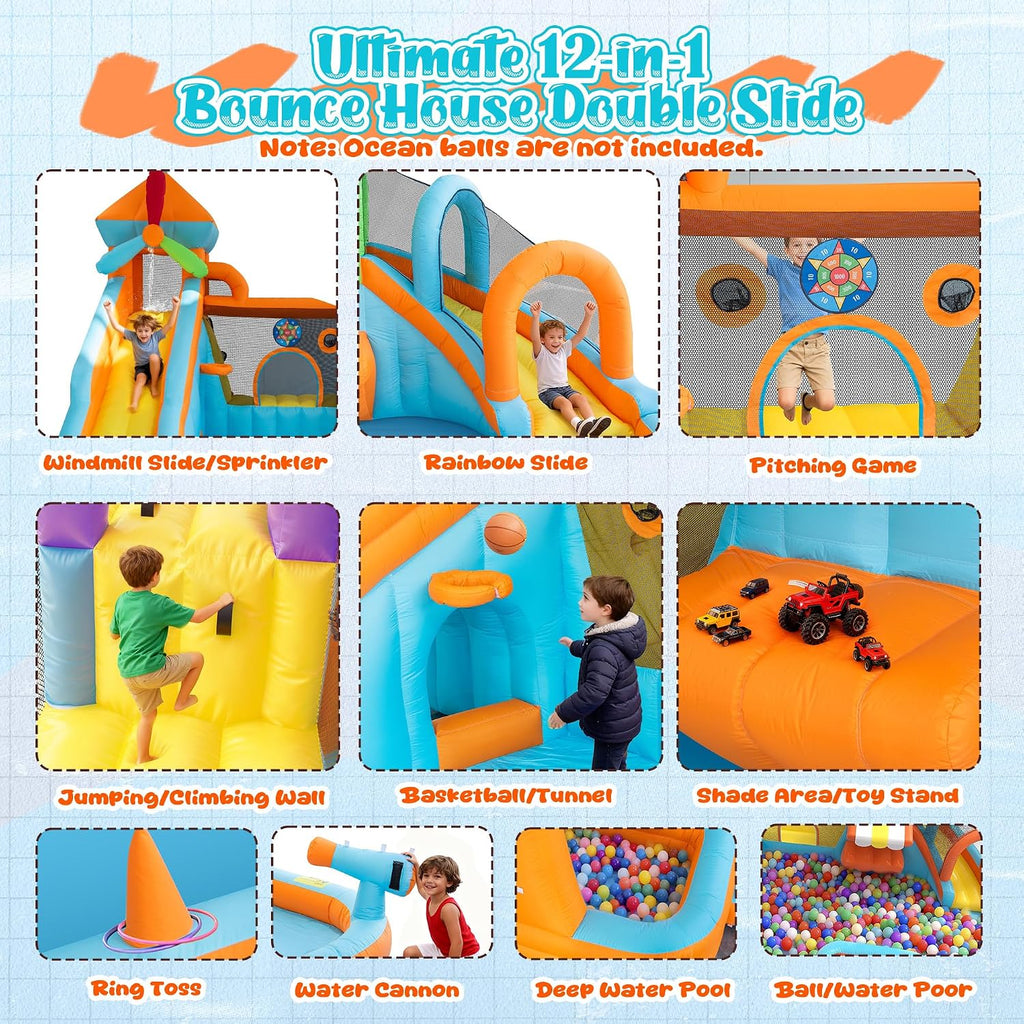 Water Bounce House for Big Kids 8-12, Double Water Slide Bounce House with 750W Blower, Toy Stand, Climbing Wall, Jumping, Water Gun, Splash Pool, Basketball Hoop for Indoor Outdoor Backyard