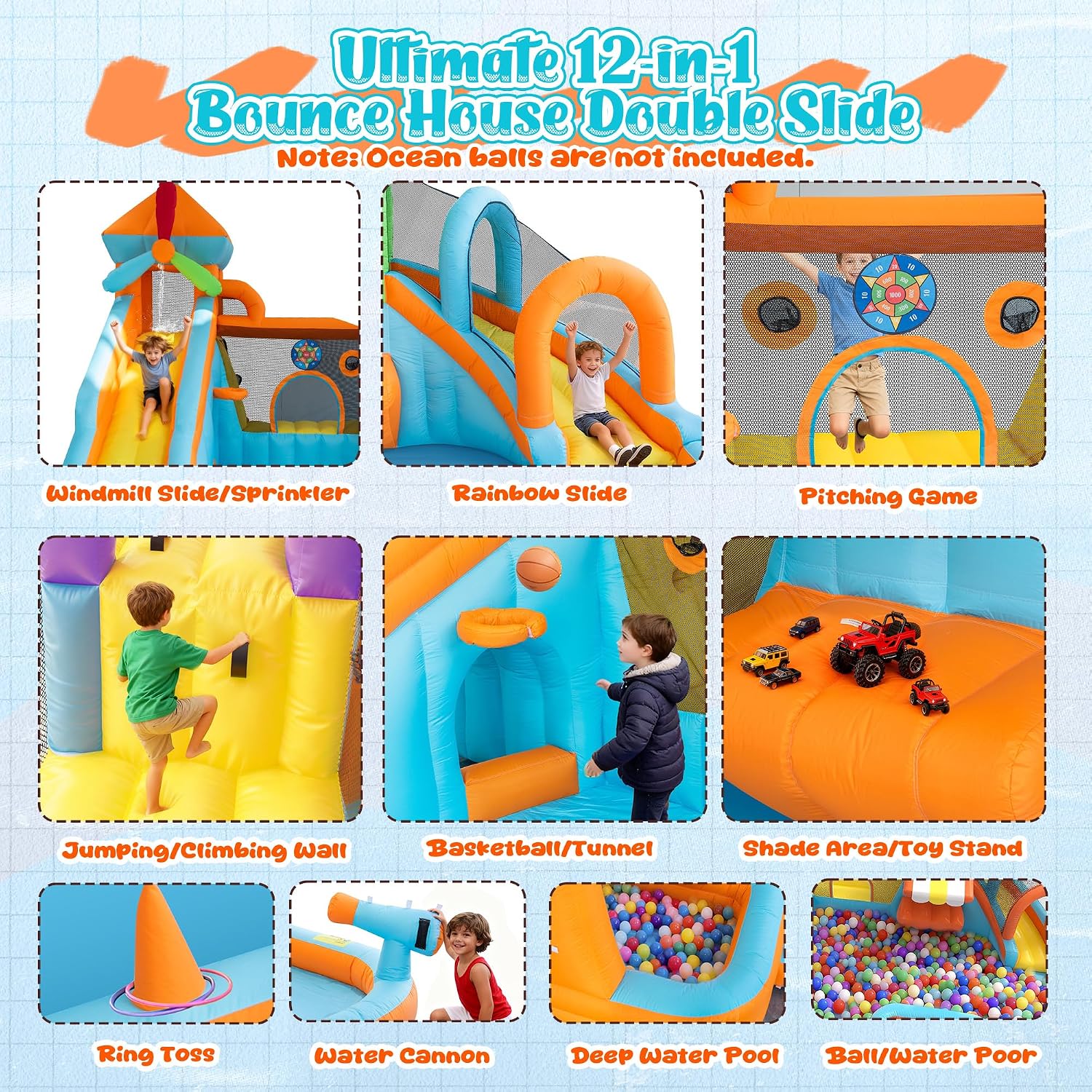 Water Bounce House for Big Kids 8-12, Double Water Slide Bounce House with 750W Blower, Toy Stand, Climbing Wall, Jumping, Water Gun, Splash Pool, Basketball Hoop for Indoor Outdoor Backyard