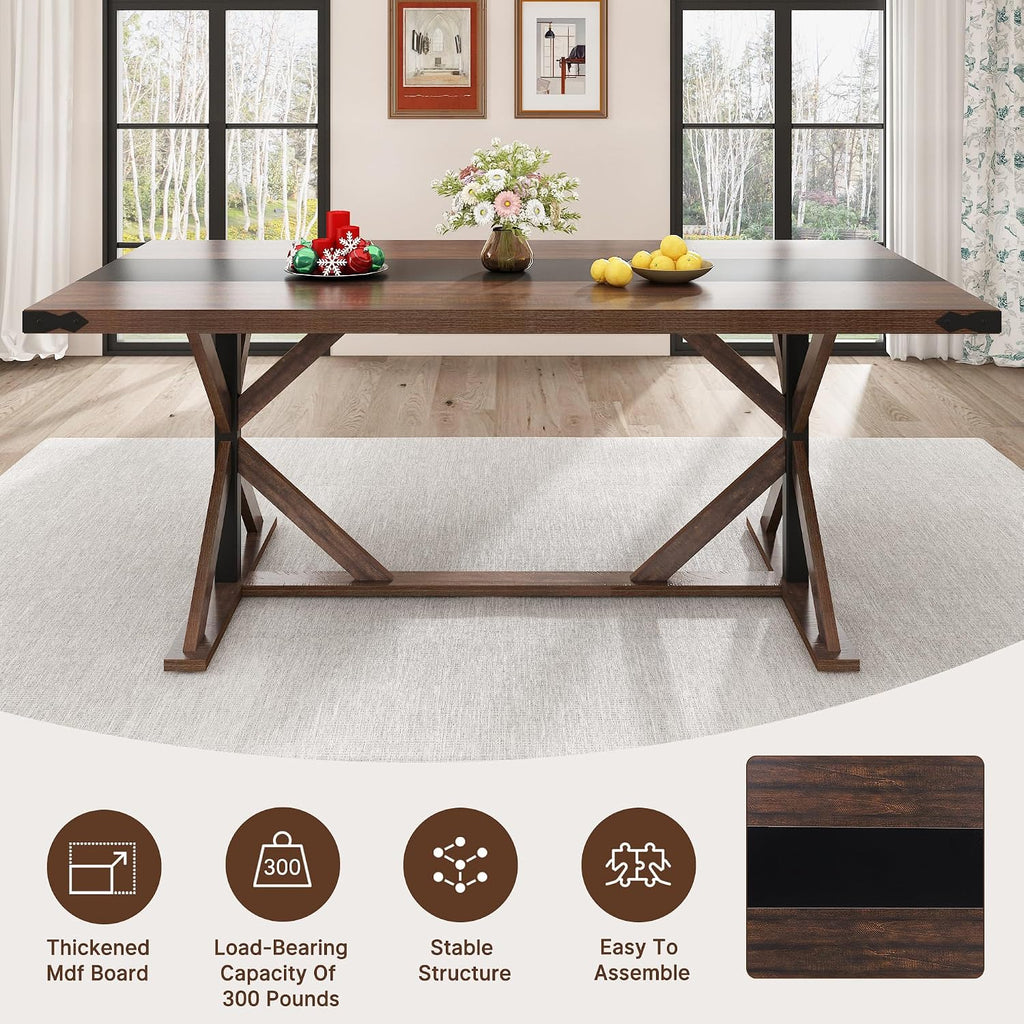 Hlivelood 71 Inch Dining Table for 6 People, Rectangular Kitchen Farmhouse Table W/Thickness Waterproof Wood Tabletop,Long Dining Room Tables W/Wood Strip Base for Kitchen Living Room(BR)