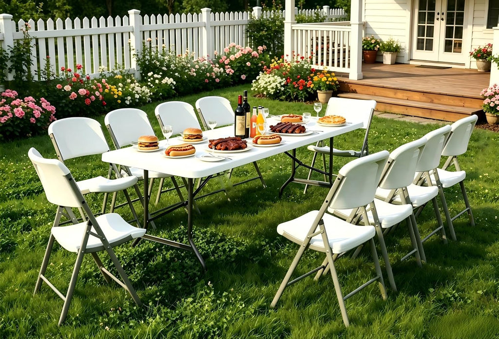 8 Foot Folding Table 8ft Foldable Portable Plastic Picnic Tables with Handle, Fold in Half Heavy Duty Long Large Utility Table, Indoor Outdoor 8' Fold up Card Tables for Party, Dining, White