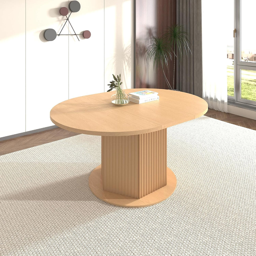 62.99'' Extendable Round Oval Dining Table for 4-6, Modern Wood Expandable Kitchen Dinner Conference Table for Living Room Office, Light Brown