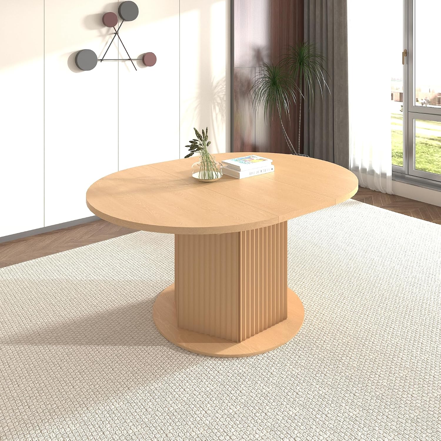 62.99'' Extendable Round Oval Dining Table for 4-6, Modern Wood Expandable Kitchen Dinner Conference Table for Living Room Office, Light Brown
