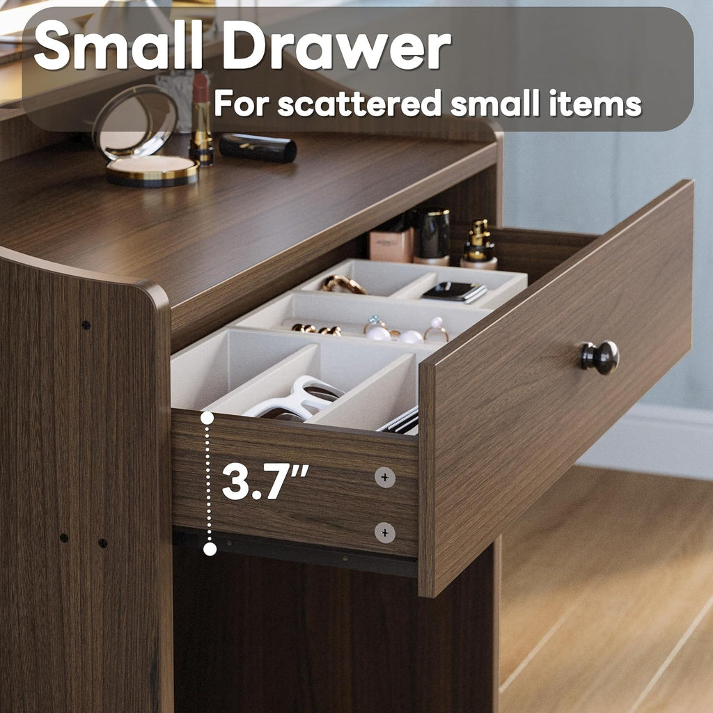 LIKIMIO Small Makeup Vanity Desk with Mirror and Lights, Vanity Table Set with Storage Drawer, Chair and Three Shelves, Bedroom, Walnut