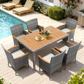 Devoko Dining 7 PCS Furniture, Patio Conversation Set with Acacia Wood Table Top, Outdoor, Beige Cushion and Grey Rattan