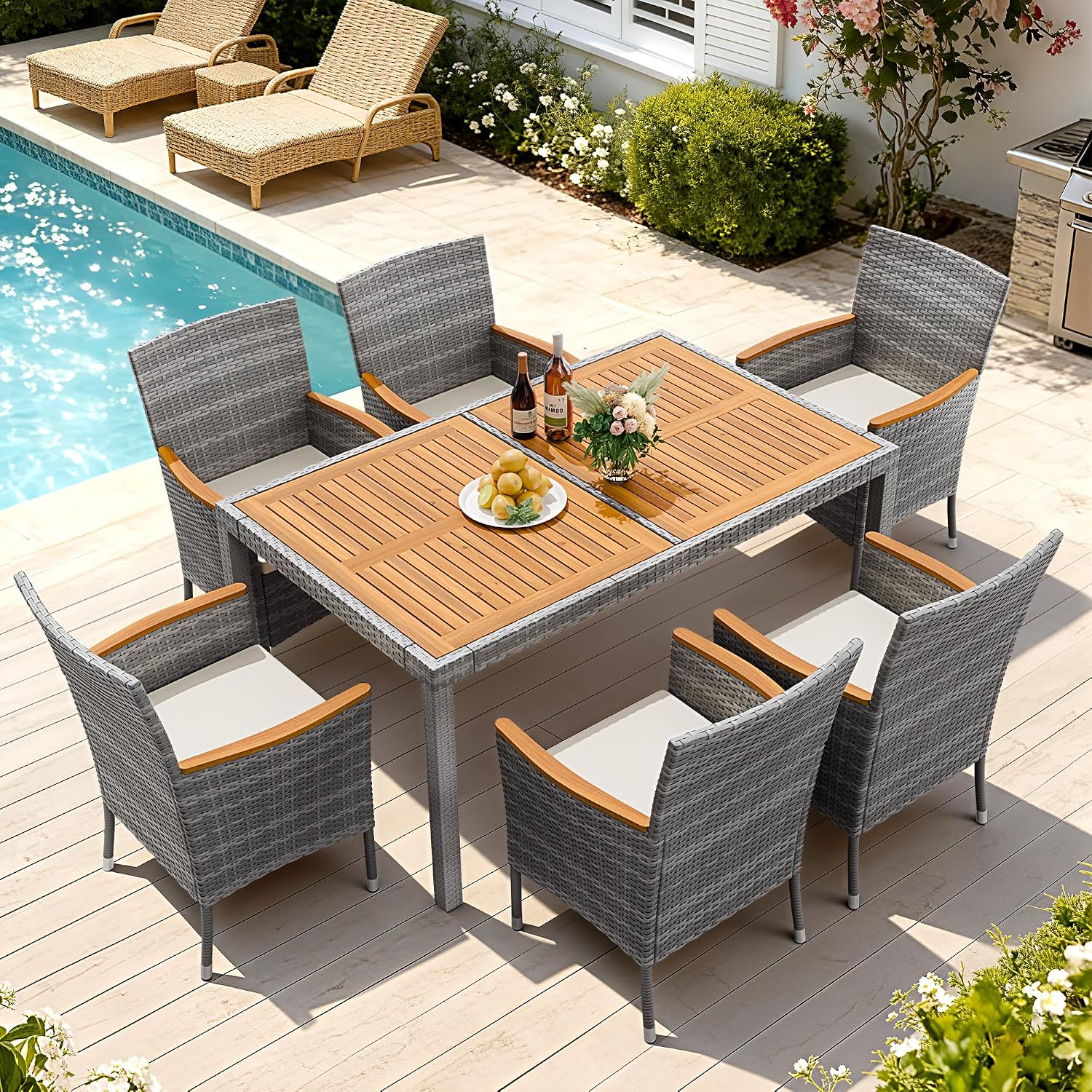Devoko Dining 7 PCS Furniture, Patio Conversation Set with Acacia Wood Table Top, Outdoor, Beige Cushion and Grey Rattan